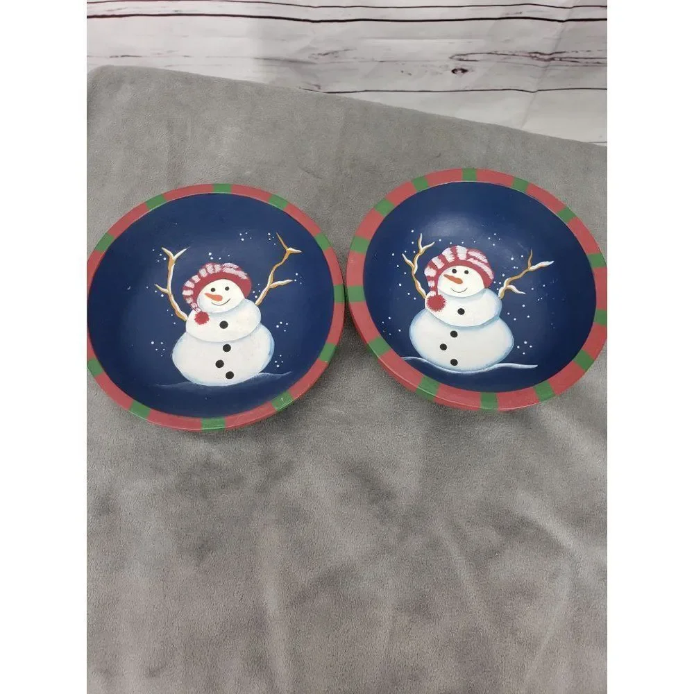 Set of 2 Country Primitive Snowman Bowls Wooden Farmhouse Christmas Bowls‎